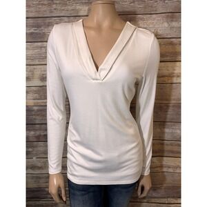 White House Black Market ECRU Long Sleeve Top Silver Beaded Trim size S